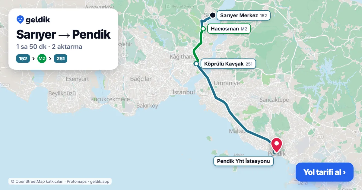 Sarıyer – Pendik yol haritası: 152 otobüsü → M2 → Marmaray ile ~2 sa 1 dk