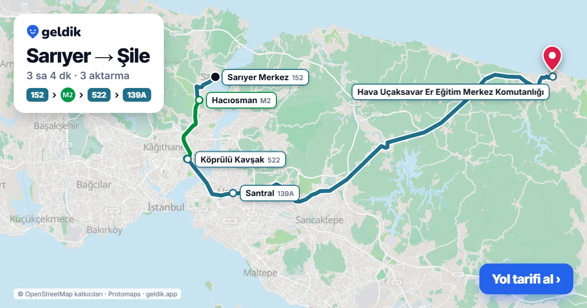 Sarıyer – Şile yol haritası: 152 otobüsü → M2 → 522 otobüsü → 139A otobüsü ile ~3 sa 4 dk