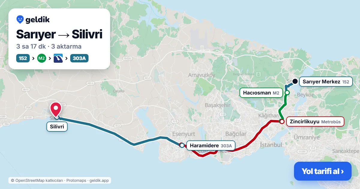 Sarıyer – Silivri yol haritası: 152 otobüsü → M2 → Metrobüs → 303A otobüsü ile ~3 sa 17 dk