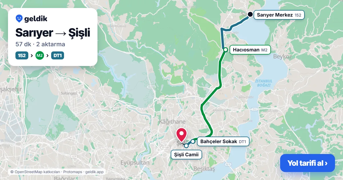 Sarıyer – Şişli yol haritası: 152 otobüsü → M2 → DT1 otobüsü ile ~57 dk