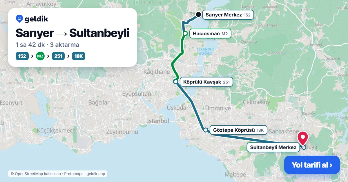 Sarıyer – Sultanbeyli yol haritası: 152 otobüsü → M2 → 622 otobüsü → 522ST otobüsü ile ~1 sa 51 dk