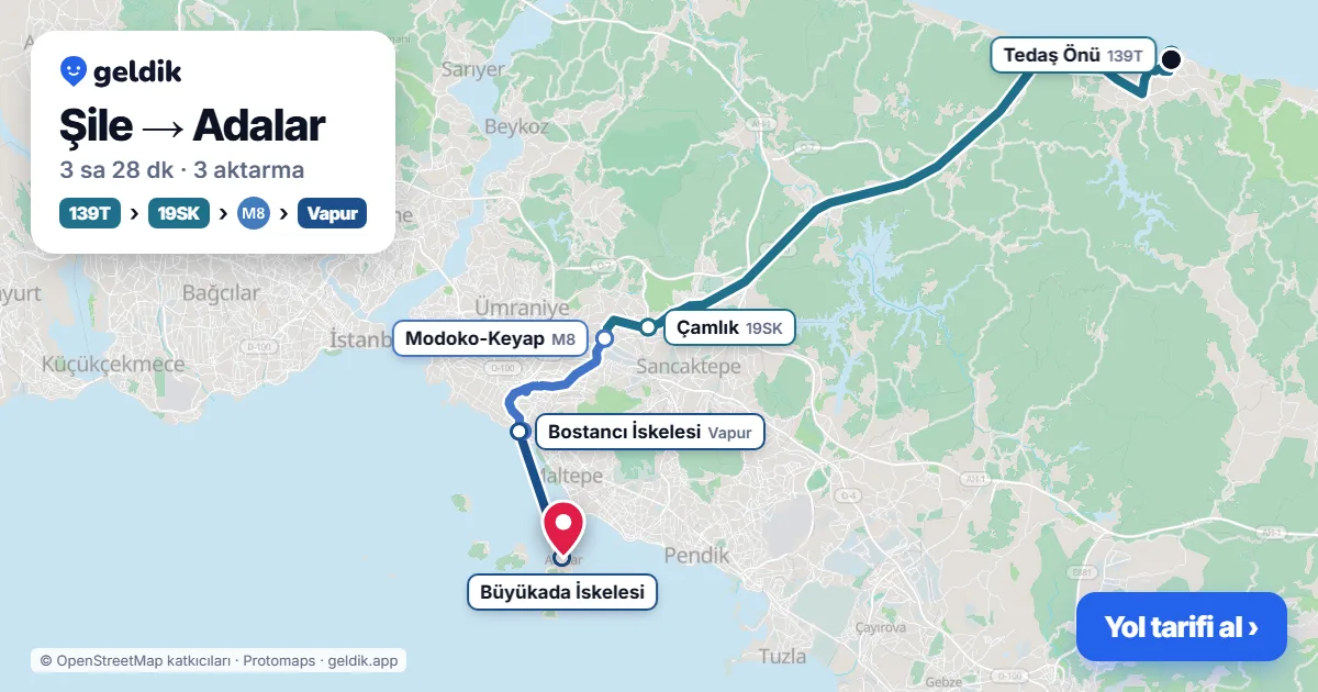 Şile – Adalar yol haritası: 139T otobüsü → M5 → M8 → vapur ile ~3 sa 28 dk