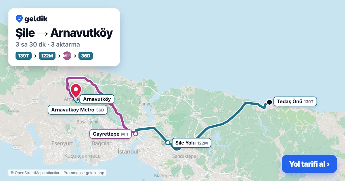 Şile – Arnavutköy yol haritası: 139T otobüsü → 122M otobüsü → M11 → 36D otobüsü ile ~3 sa 30 dk