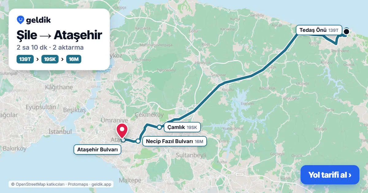 Şile – Ataşehir yol haritası: 139T otobüsü → 19SK otobüsü → 16M otobüsü ile ~2 sa 10 dk
