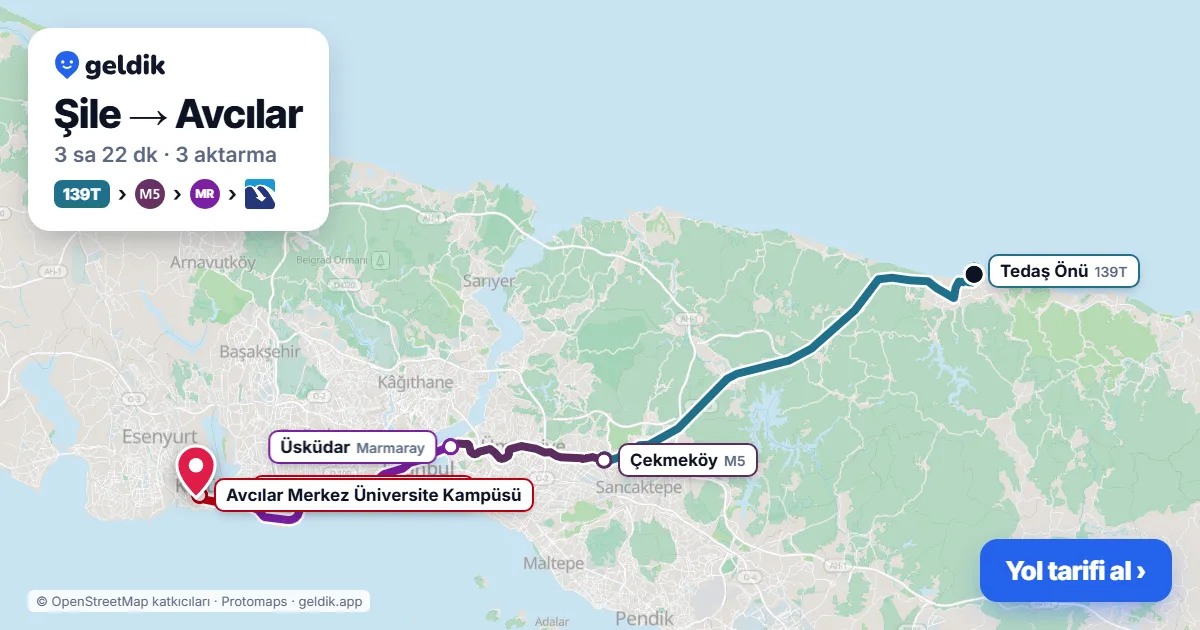 Şile – Avcılar yol haritası: 139T otobüsü → M5 → Marmaray → Metrobüs ile ~3 sa 22 dk