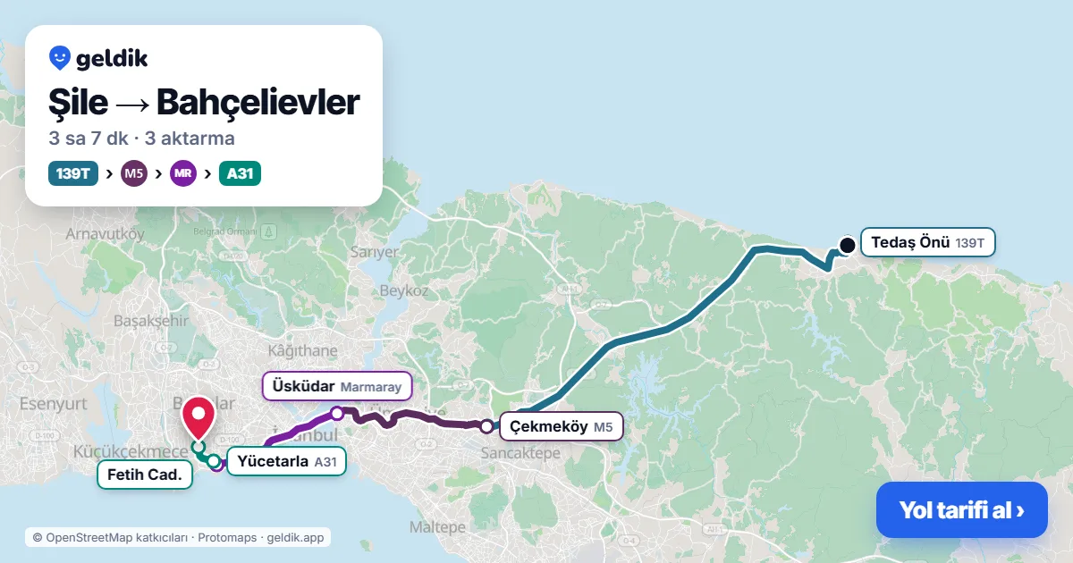 Şile – Bahçelievler yol haritası: 139T otobüsü → M5 → Marmaray → A31 minibüsü ile ~3 sa 7 dk