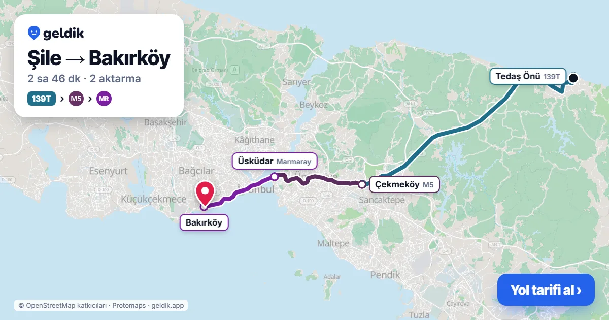 Şile – Bakırköy yol haritası: 139T otobüsü → M5 → Marmaray ile ~2 sa 46 dk