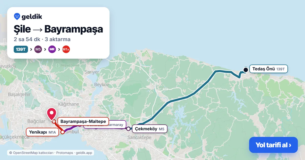 Şile – Bayrampaşa yol haritası: 139T otobüsü → M5 → Marmaray → M1A ile ~2 sa 54 dk