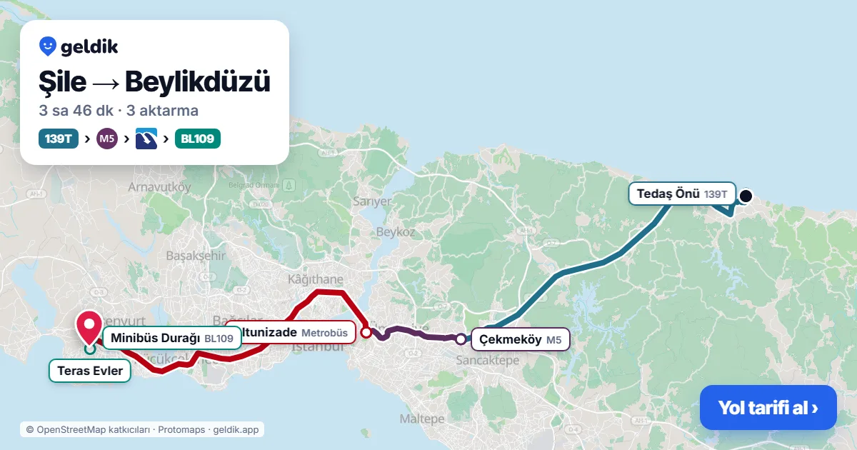 Şile – Beylikdüzü yol haritası: 139T otobüsü → M5 → Metrobüs → BL109 minibüsü ile ~3 sa 46 dk