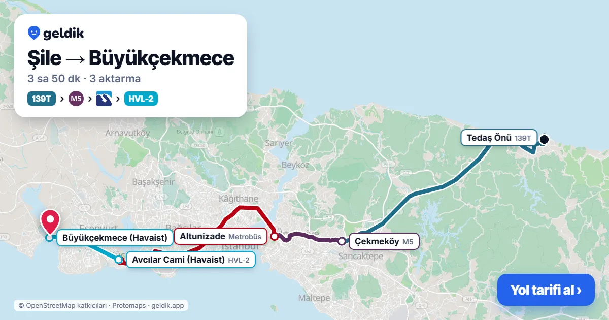 Şile – Büyükçekmece yol haritası: 139T otobüsü → M5 → Metrobüs → Havaist HVL-2 otobüsü ile ~3 sa 50 dk
