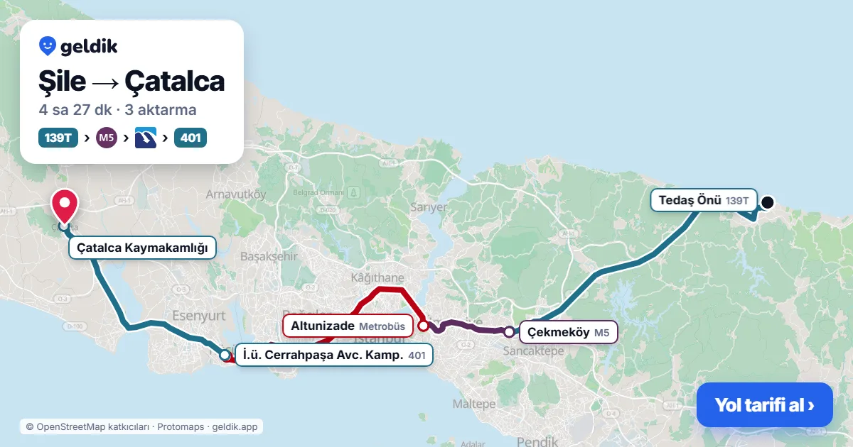 Şile – Çatalca yol haritası: 139T otobüsü → M5 → Metrobüs → 401 otobüsü ile ~4 sa 30 dk