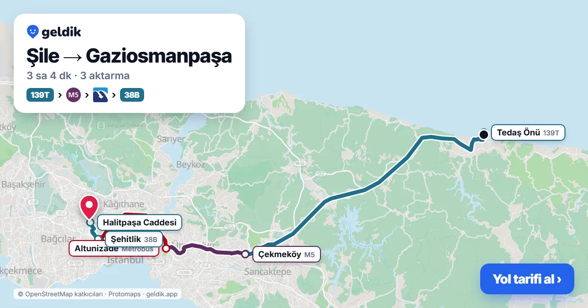 Şile – Gaziosmanpaşa yol haritası: 139T otobüsü → M5 → Metrobüs → A27 minibüsü ile ~3 sa 5 dk