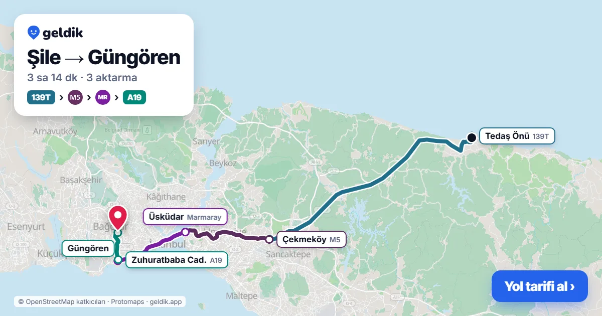 Şile – Güngören yol haritası: 139T otobüsü → M5 → Marmaray → A19 minibüsü ile ~3 sa 14 dk