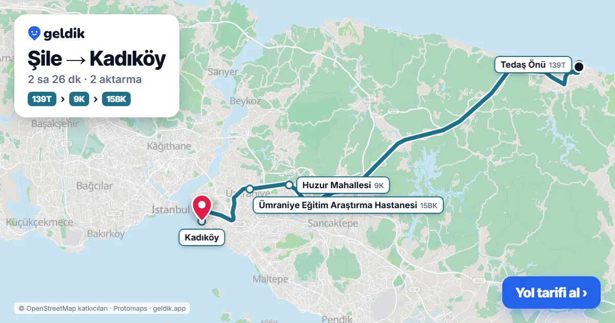 Şile – Kadıköy yol haritası: 139T otobüsü → 9K otobüsü → 15BK otobüsü ile ~2 sa 26 dk