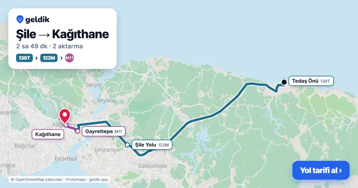Şile – Kağıthane yol haritası: 139T otobüsü → 122M otobüsü → M11 ile ~2 sa 49 dk