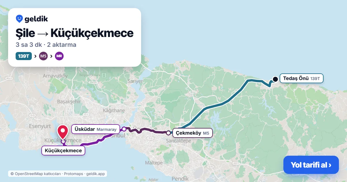 Şile – Küçükçekmece yol haritası: 139T otobüsü → M5 → Marmaray ile ~3 sa 3 dk