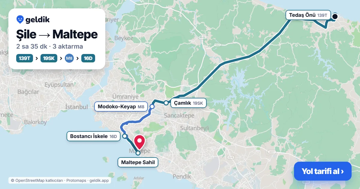 Şile – Maltepe yol haritası: 139T otobüsü → 14A otobüsü → M4 → C501 minibüsü ile ~2 sa 42 dk