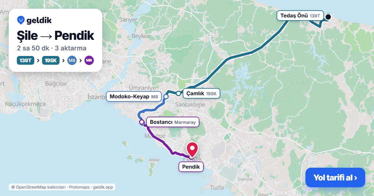 Şile – Pendik yol haritası: 139T otobüsü → 131Y otobüsü → Marmaray ile ~2 sa 55 dk