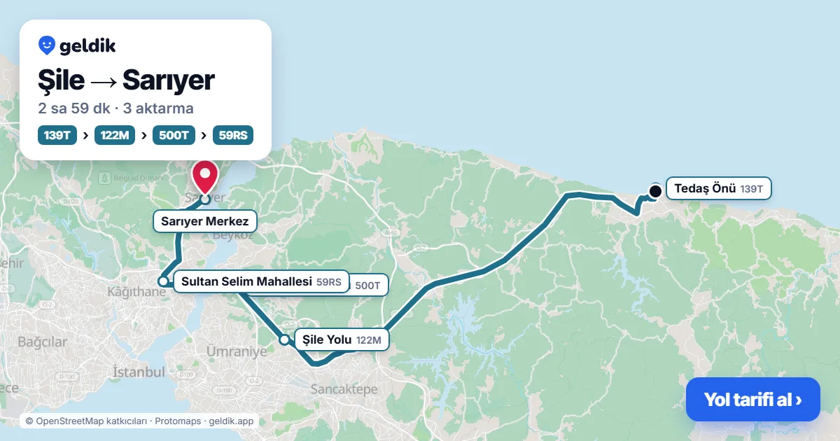 Şile – Sarıyer yol haritası: 139T otobüsü → 122M otobüsü → 500T otobüsü → 59RS otobüsü ile ~2 sa 59 dk