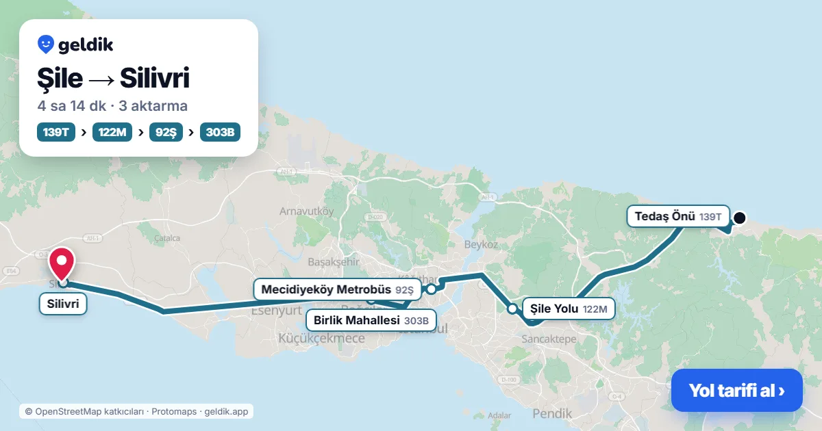 Şile – Silivri yol haritası: 139T otobüsü → 122M otobüsü → 92Ş otobüsü → 303B otobüsü ile ~4 sa 14 dk