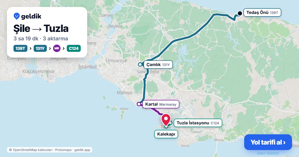 Şile – Tuzla yol haritası: 139T otobüsü → 131Y otobüsü → Marmaray → C124 minibüsü ile ~3 sa 19 dk