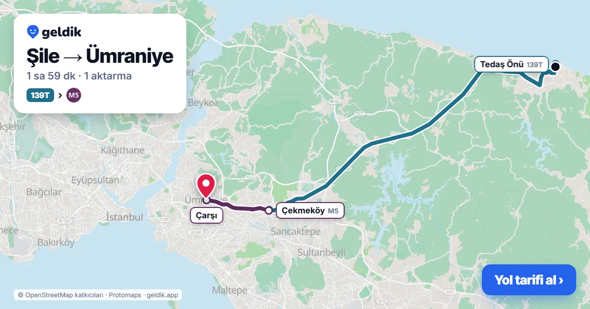 Şile – Ümraniye yol haritası: 139T otobüsü → M5 ile ~1 sa 59 dk