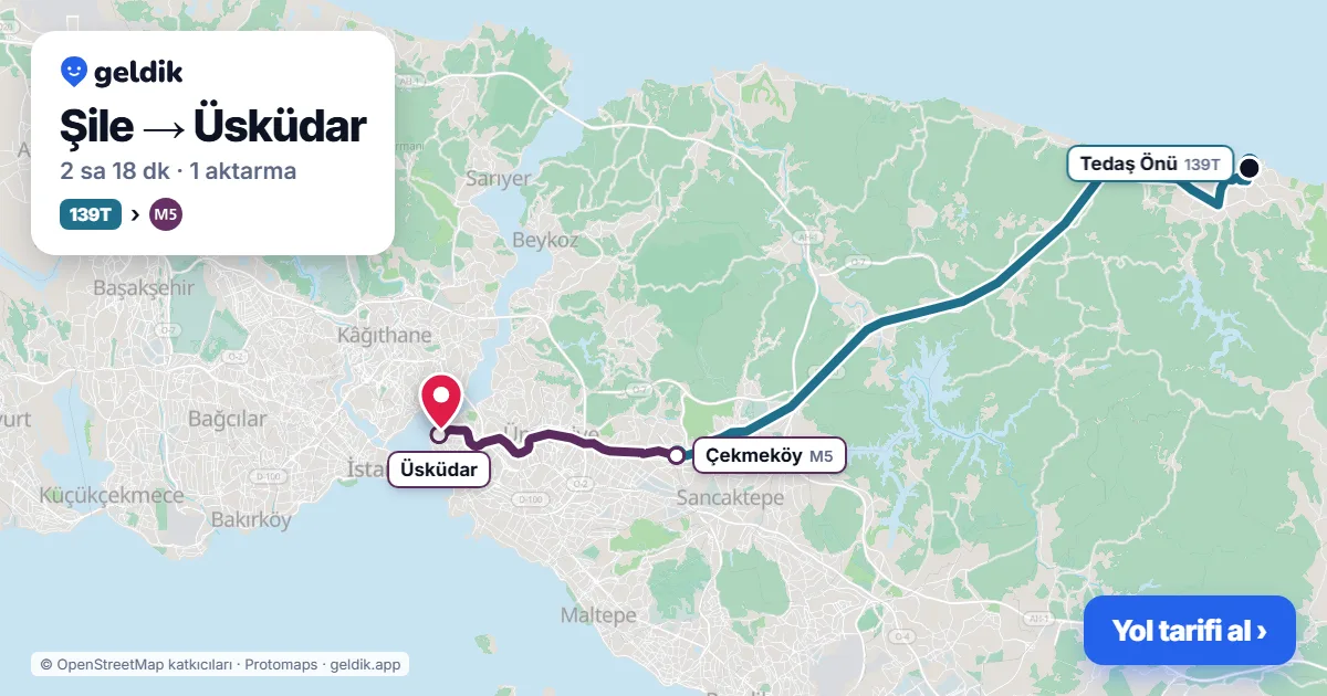 Şile – Üsküdar yol haritası: 139T otobüsü → M5 ile ~2 sa 18 dk