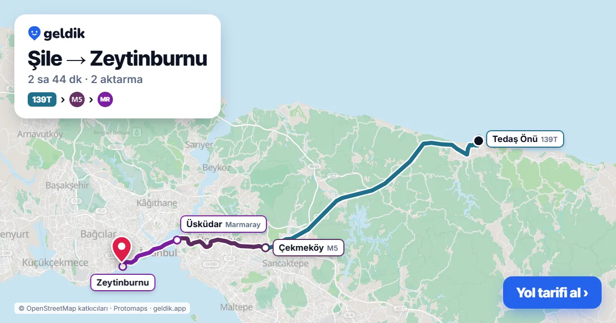 Şile – Zeytinburnu yol haritası: 139T otobüsü → M5 → Marmaray ile ~2 sa 44 dk