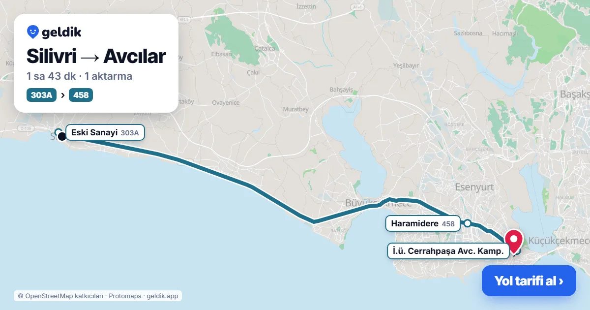 Silivri – Avcılar yol haritası: 300G otobüsü → 401 otobüsü ile ~1 sa 46 dk