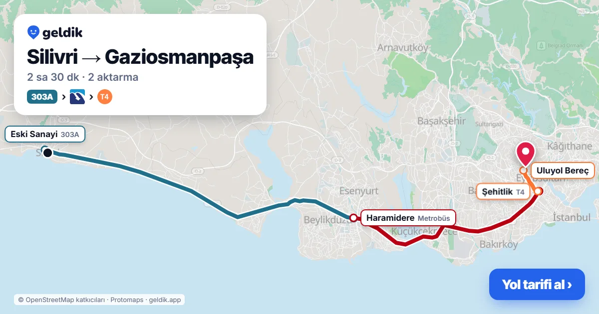Silivri – Gaziosmanpaşa yol haritası: 303A otobüsü → Metrobüs → T4 ile ~2 sa 30 dk