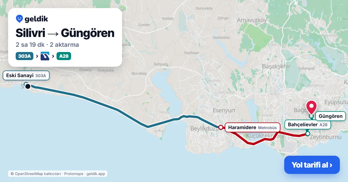 Silivri – Güngören yol haritası: 303A otobüsü → Metrobüs → A28 minibüsü ile ~2 sa 19 dk