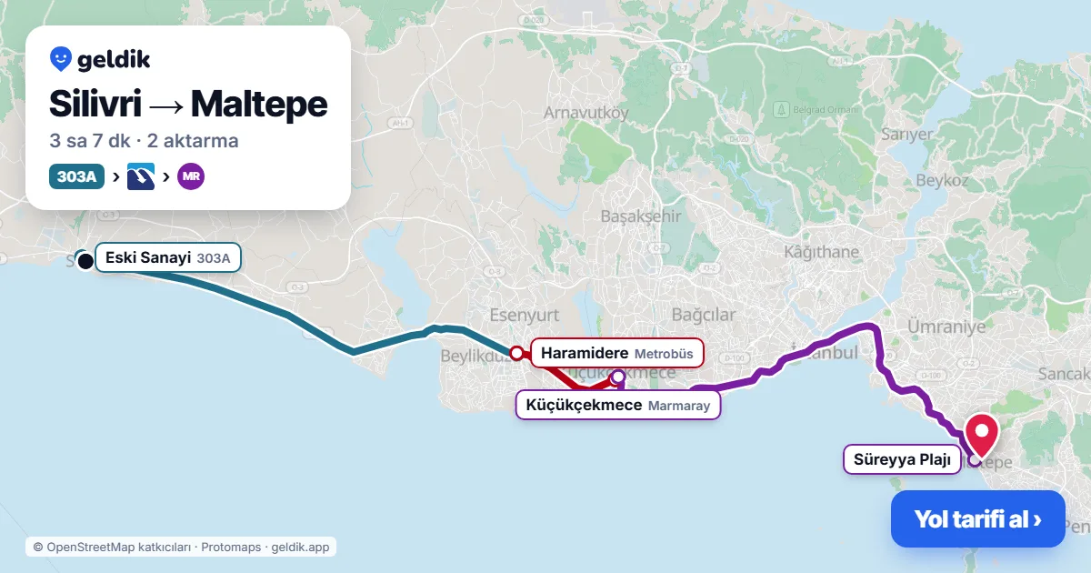 Silivri – Maltepe yol haritası: 303A otobüsü → Metrobüs → Marmaray ile ~3 sa 7 dk