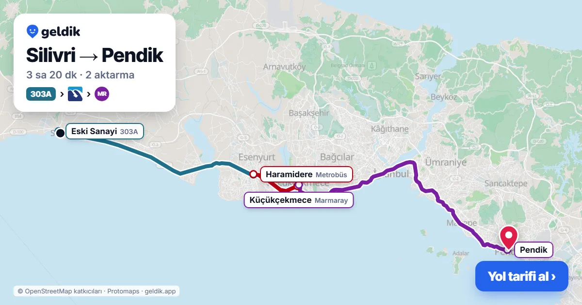 Silivri – Pendik yol haritası: 303A otobüsü → Metrobüs → Marmaray ile ~3 sa 20 dk