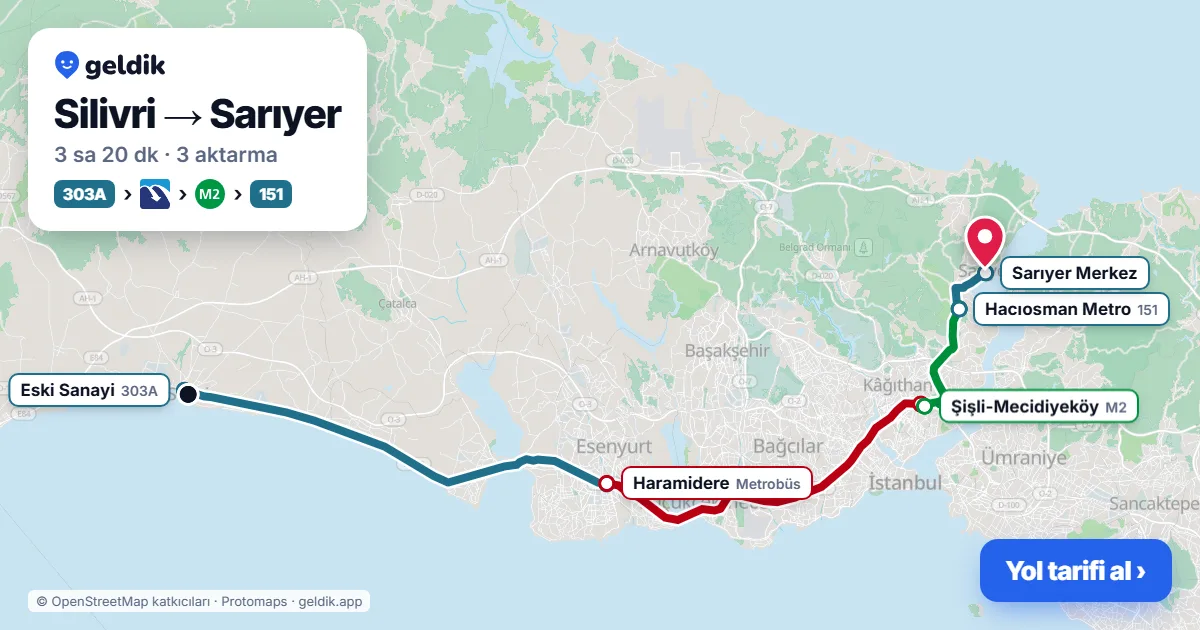 Silivri – Sarıyer yol haritası: 303A otobüsü → Metrobüs → M2 → 151 otobüsü ile ~3 sa 20 dk