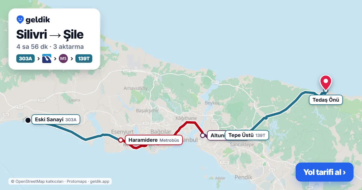 Silivri – Şile yol haritası: 303A otobüsü → Metrobüs → M5 → 139T otobüsü ile ~4 sa 56 dk