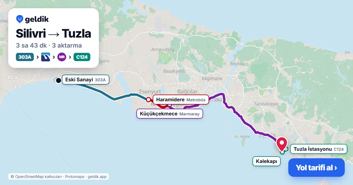 Silivri – Tuzla yol haritası: 303A otobüsü → Metrobüs → Marmaray → C124 minibüsü ile ~3 sa 43 dk