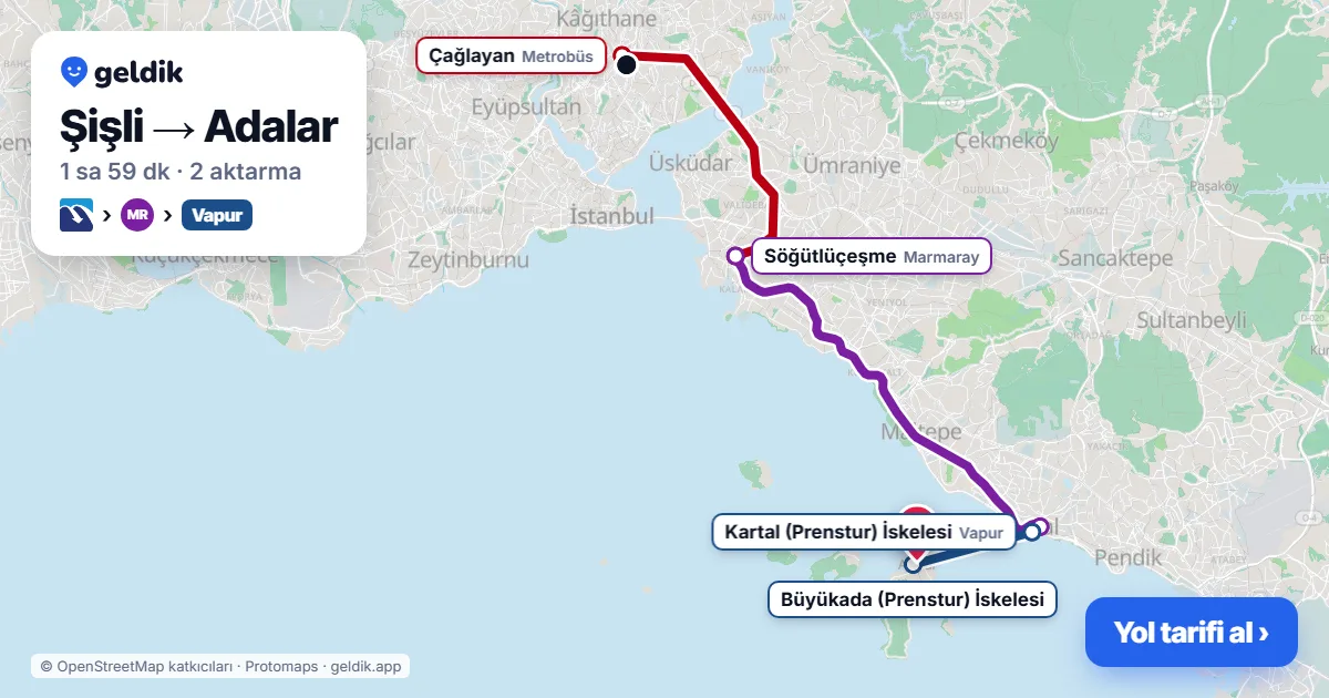 Şişli – Adalar yol haritası: Metrobüs → Marmaray → vapur ile ~1 sa 59 dk