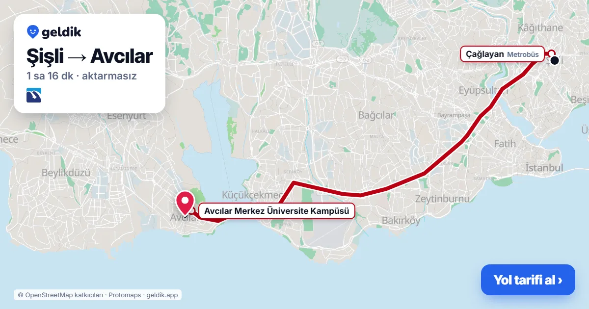 Şişli – Avcılar yol haritası: Metrobüs ile ~1 sa 16 dk