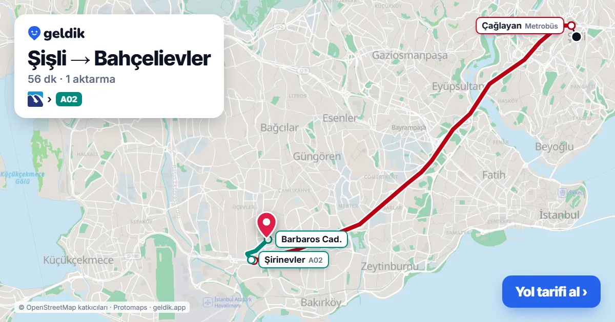 Şişli – Bahçelievler yol haritası: Metrobüs → A02 minibüsü ile ~56 dk