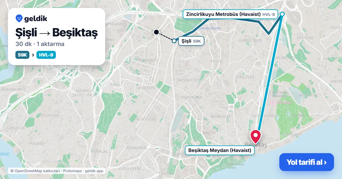 Şişli – Beşiktaş yol haritası: 59K otobüsü → Havaist HVL-9 otobüsü ile ~30 dk