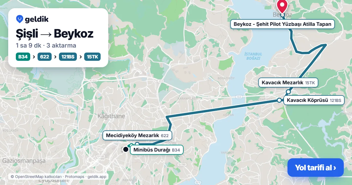 Şişli – Beykoz yol haritası: 59K otobüsü → 122C otobüsü → 136B otobüsü ile ~1 sa 11 dk