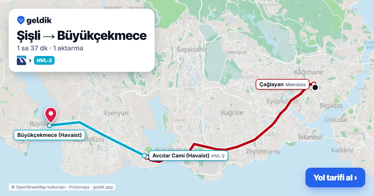 Şişli – Büyükçekmece yol haritası: Metrobüs → Havaist HVL-2 otobüsü ile ~1 sa 37 dk