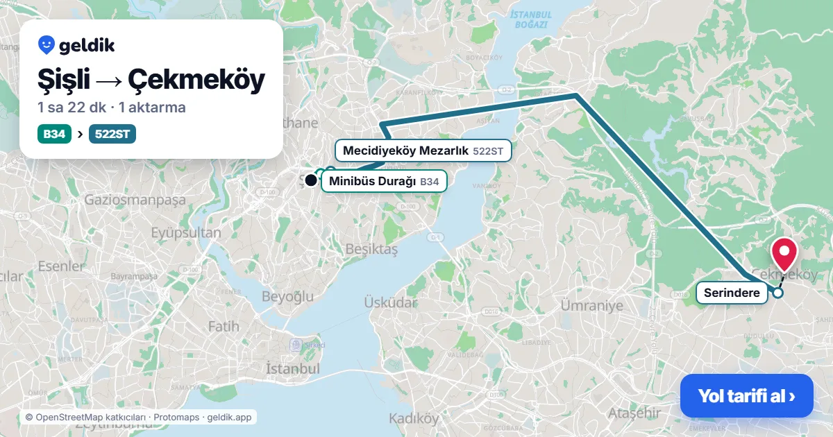 Şişli – Çekmeköy yol haritası: B34 minibüsü → 522ST otobüsü ile ~1 sa 22 dk