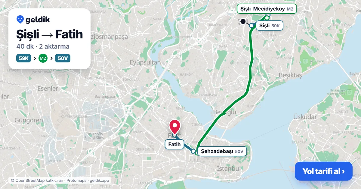 Şişli – Fatih yol haritası: 59K otobüsü → M2 → 86V otobüsü ile ~41 dk