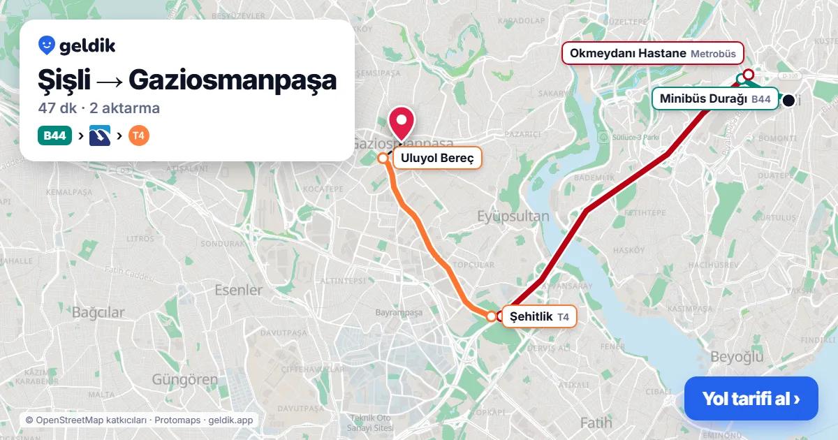 Şişli – Gaziosmanpaşa yol haritası: B44 minibüsü → Metrobüs → T4 ile ~47 dk