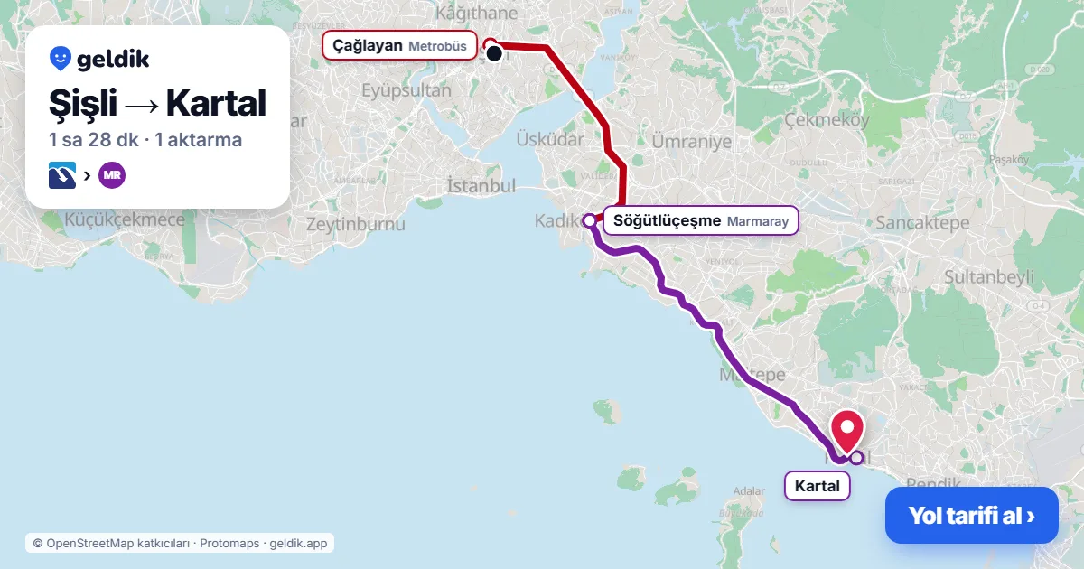 Şişli – Kartal yol haritası: Metrobüs → Marmaray ile ~1 sa 28 dk