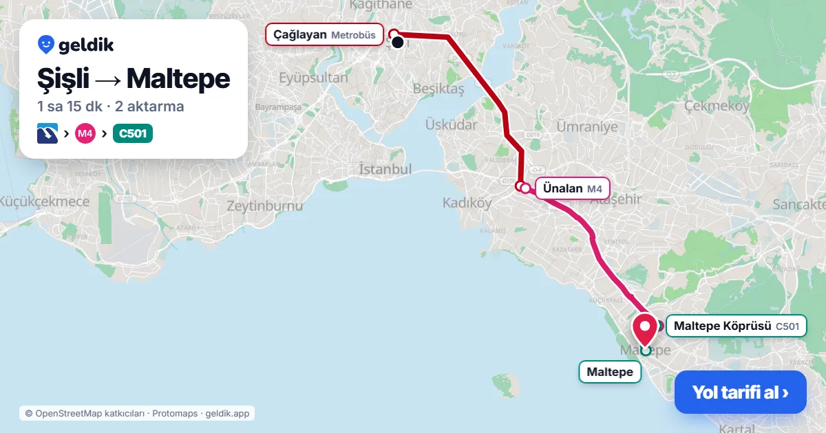 Şişli – Maltepe yol haritası: Metrobüs → M4 → C501 minibüsü ile ~1 sa 15 dk
