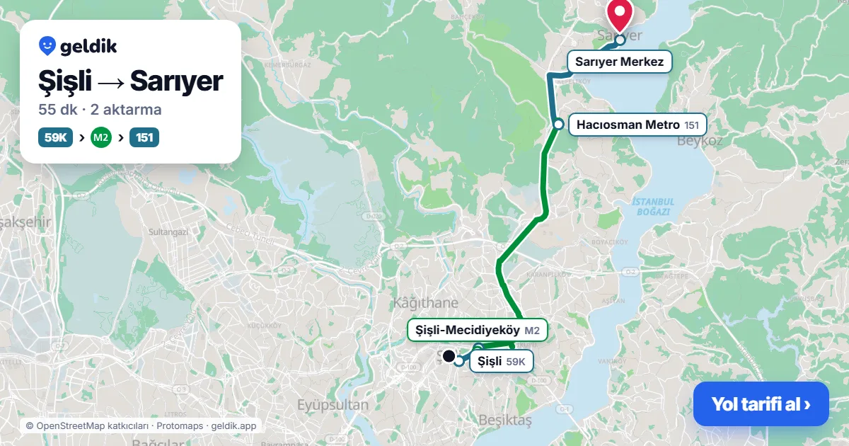 Şişli – Sarıyer yol haritası: 59K otobüsü → M2 → 151 otobüsü ile ~55 dk