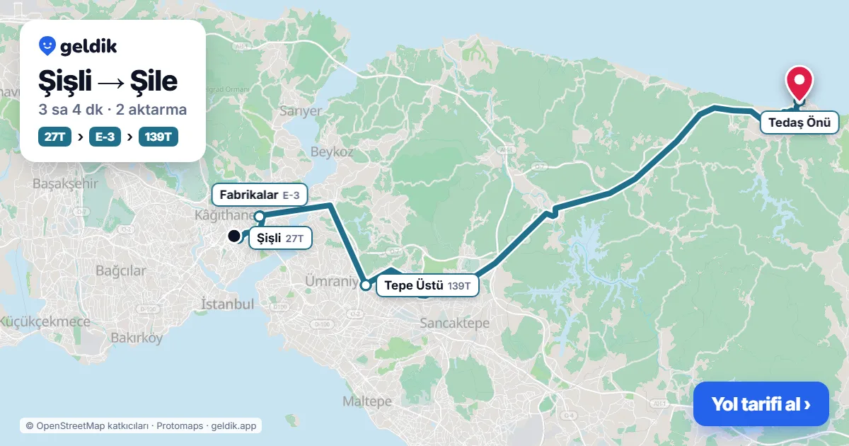 Şişli – Şile yol haritası: 27T otobüsü → E-3 otobüsü → 139T otobüsü ile ~3 sa 3 dk