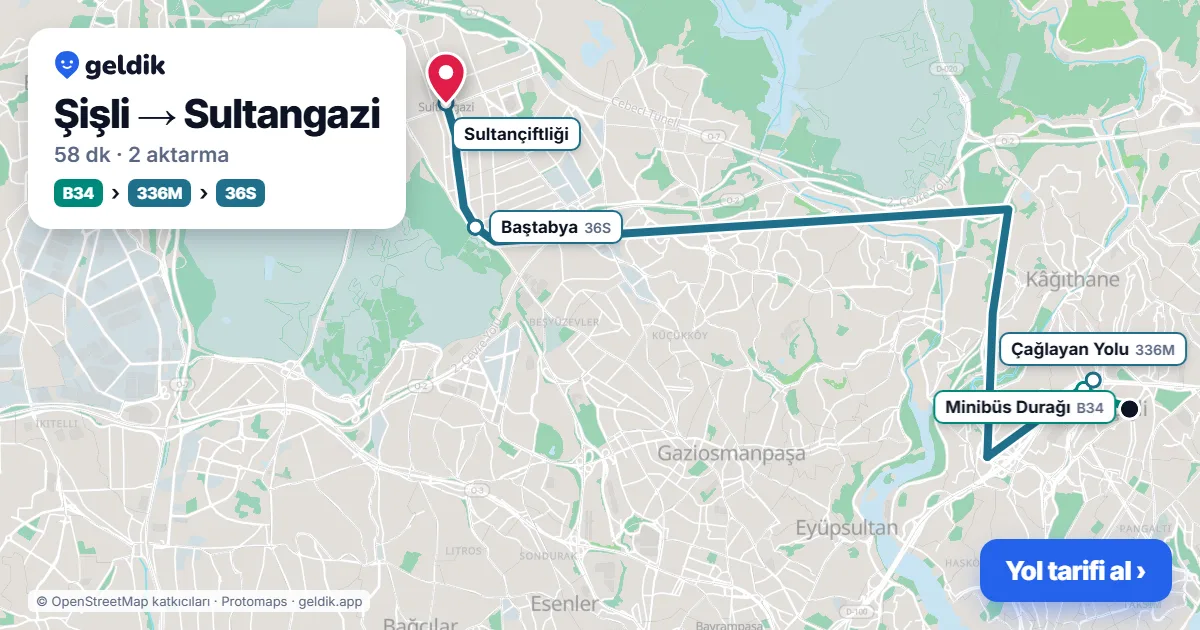 Şişli – Sultangazi yol haritası: B34 minibüsü → 336M otobüsü → 36S otobüsü ile ~1 sa